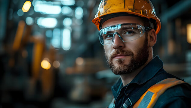 Confident male construction worker wearing a hard hat and safety glasses, ready for a challenging day at the job site.
