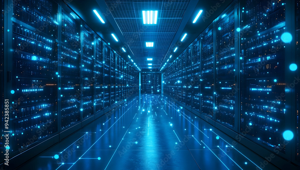 Poster futuristic data center with glowing servers in a high-tech network environment, showcasing digital c