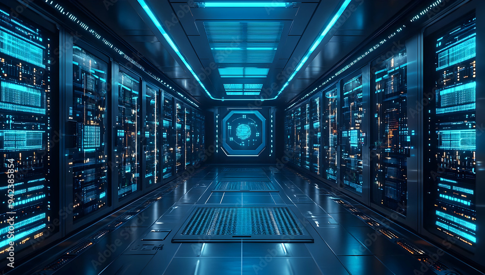 Poster futuristic data center hallway with glowing blue lights and high-tech server racks, creating a moder