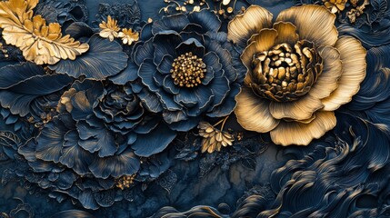 Abstract Blue and Gold Floral Wall Art Design