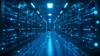Futuristic data center with glowing servers in a high-tech network environment, showcasing digital connectivity and innovation.