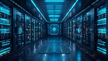 Futuristic data center hallway with glowing blue lights and high-tech server racks, creating a modern, tech-savvy environment.