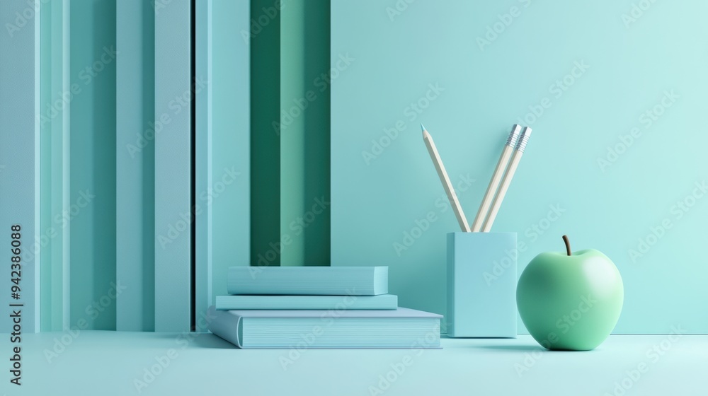 Wall mural a green apple and pencils on a blue background, ai