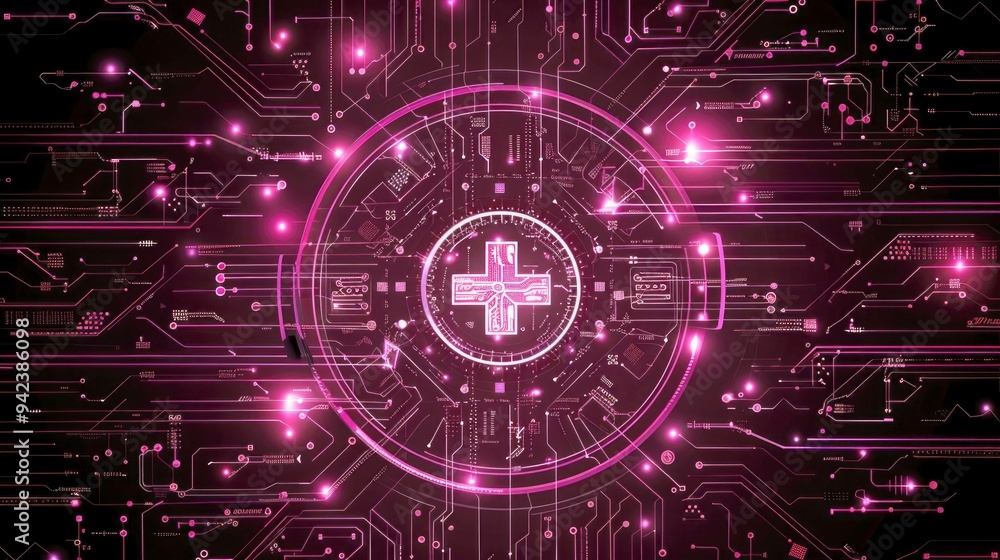 Poster abstract circuit board with glowing pink lines and cross in center