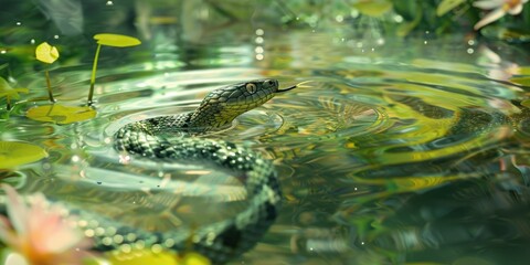 Fototapeta premium A grass snake gliding through a charming water feature.