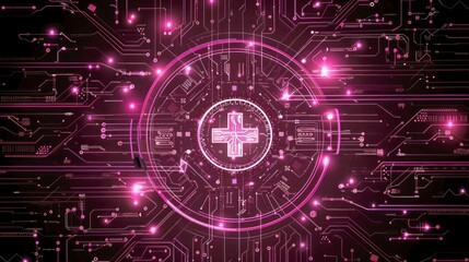 Abstract Circuit Board with Glowing Pink Lines and Cross in Center