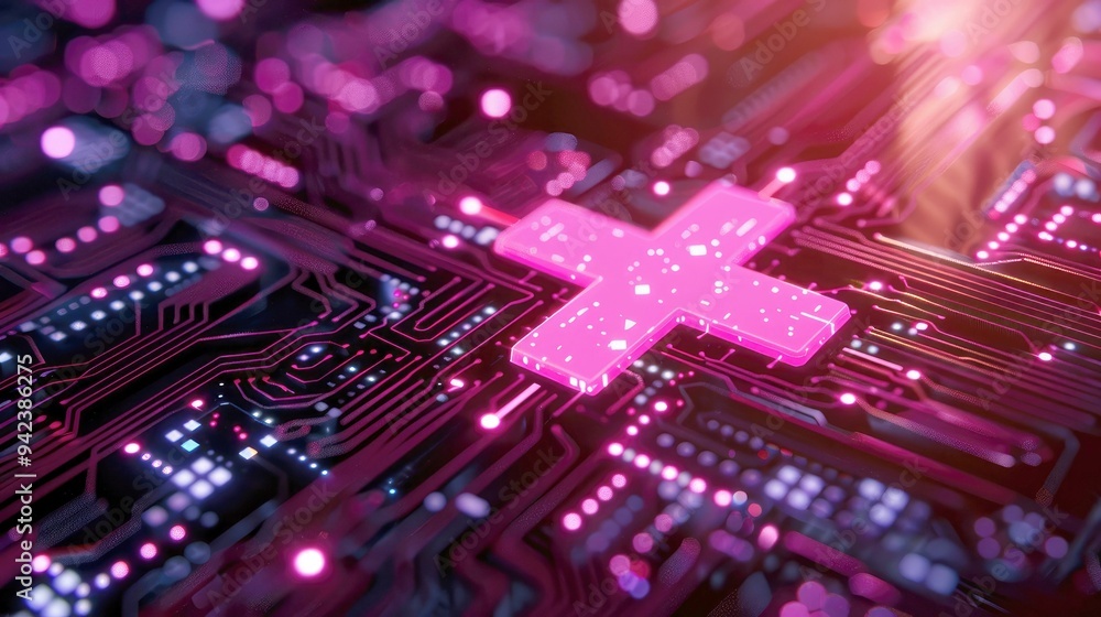 Poster a pink cross embedded in a circuit board
