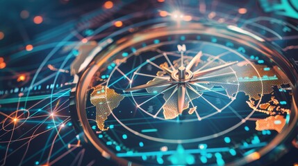 Compass on world map with global trade routes background generative ai