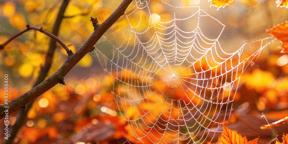 Poster Autumn light illuminates spider web highlighting themes of interconnectedness fragility and perseverance