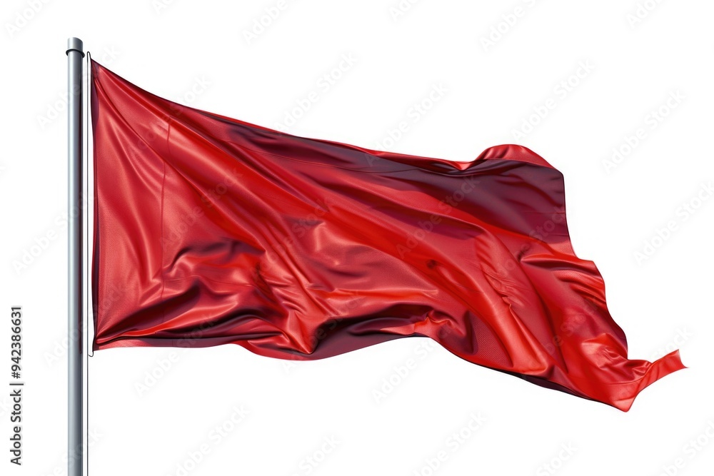 Poster a lone red flag blowing in the wind on a white background, perfect for use as a symbol or icon