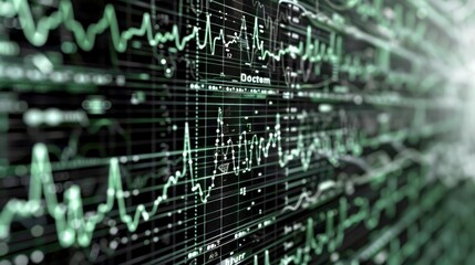 A close-up of a screen displaying green data lines and graphs