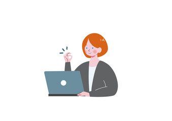 パソコンの前で、OKサインあを出す女性のイラスト