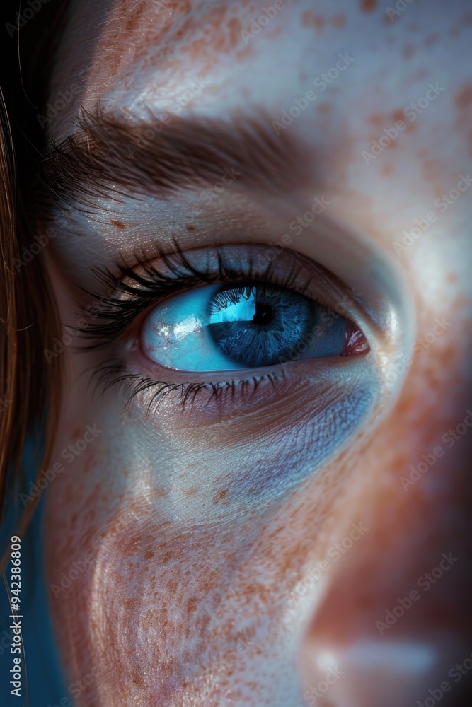 Poster a detailed view of an individual's eye featuring freckles, ideal for use in personal or professional