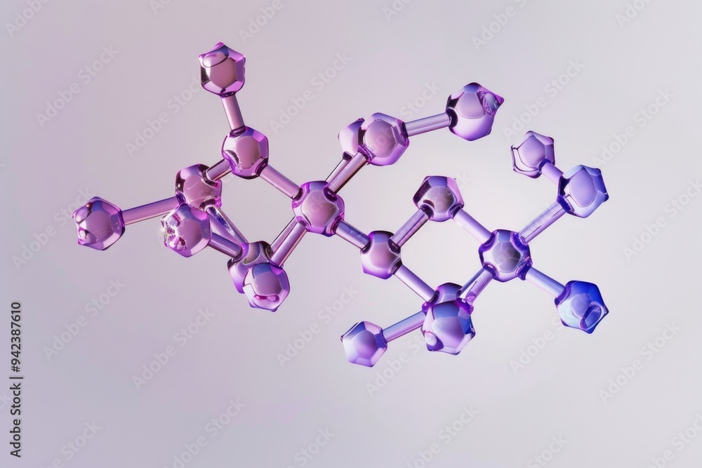 Poster a 3d model of a molecule against a purple background, suitable for science and technology related us