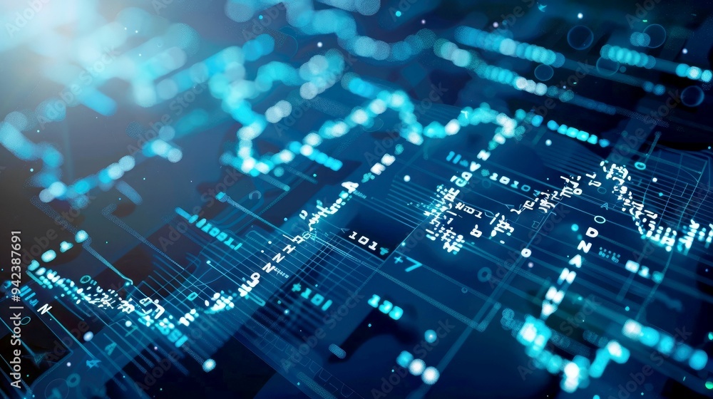 Poster abstract blue digital network background with glowing data