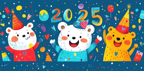 Three Cartoon Bears Celebrating New Year 2025