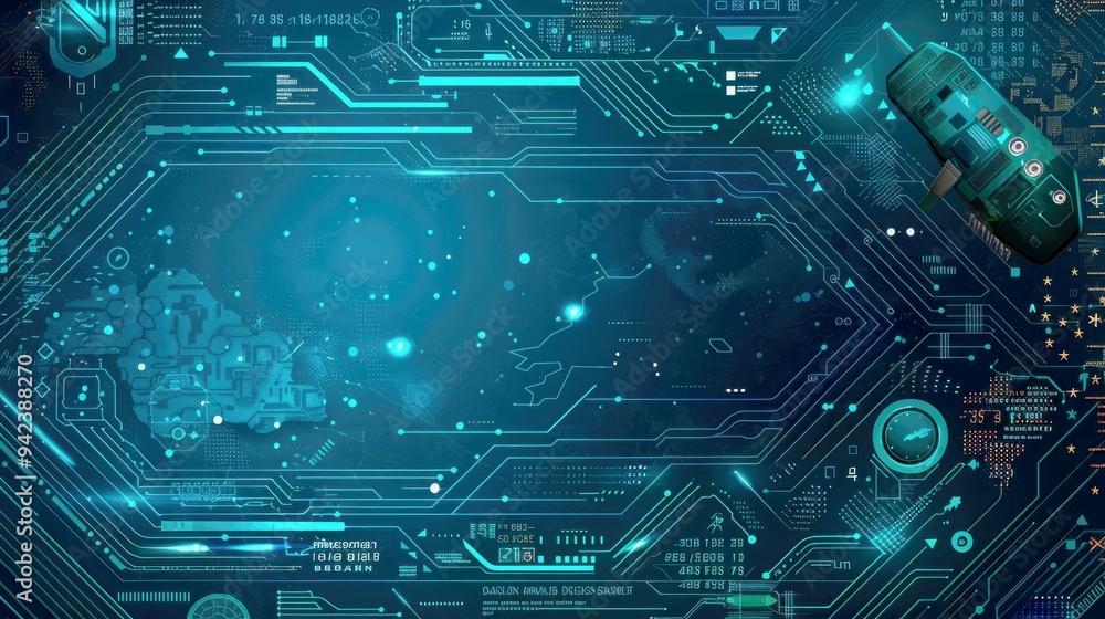 Poster futuristic technological circuit board with glowing lines and data displays