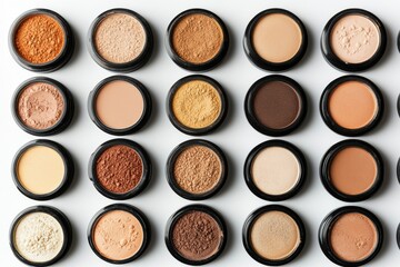 A vibrant collection of diverse makeup powders arranged neatly in circular containers on a minimalistic background