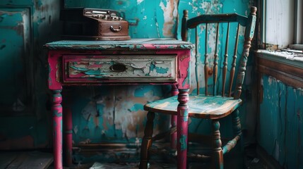 Repurposed vintage furniture, Vintage, Cozy, Watercolor, Emphasizing upcycling and creativity