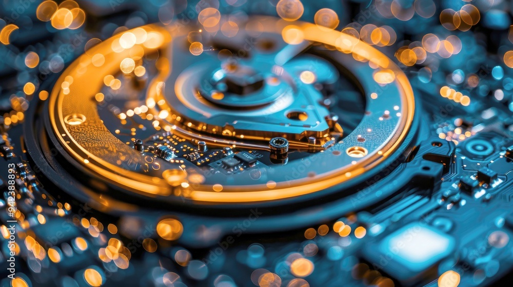 Aufkleber close-up of a complex circuit board with bokeh lights
