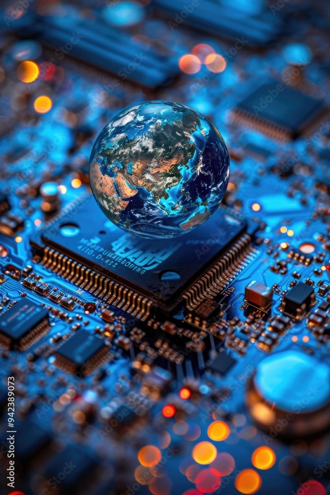 Poster A close-up shot of a computer motherboard with a globe placed on top, great for tech-related concepts or international themes