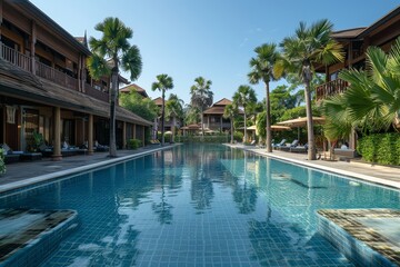 Obraz premium Large empty swimming pool surrounded by palm trees and wooden buildings with white tiled ground in Thailand.