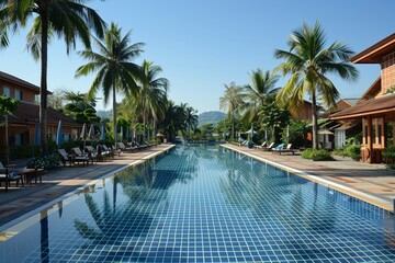 Fototapeta premium Large empty swimming pool surrounded by palm trees and wooden buildings with white tiled ground in Thailand.