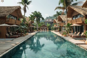 Large empty swimming pool surrounded by palm trees and wooden buildings with white tiled ground in Thailand.
