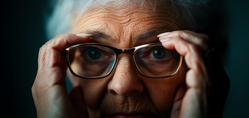Close-up portrait of an elderly woman wearing glasses, looking thoughtful.