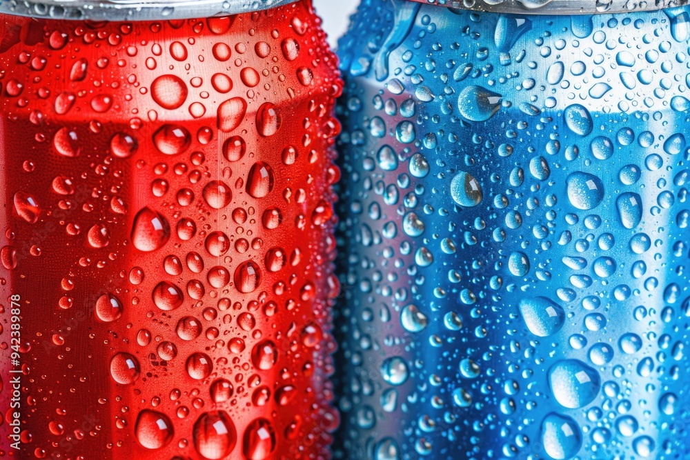 Poster two cans of soda with condensation forming droplets on the surface