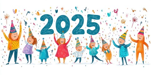 Fototapeta premium Cartoon People Celebrating New Year's Eve 2025