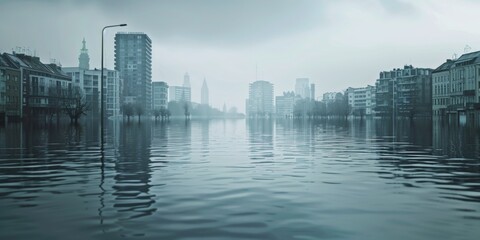 Fototapeta premium Urban landscape submerged in water after heavy rainfall, showcasing buildings and streetlights in a misty atmosphere