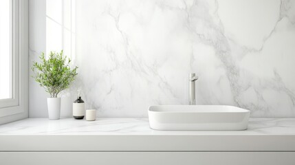 Fototapeta premium Luxury white marble bathroom countertop with copy spaceLuxury white marble bathroom countertop with copy space with generative ai