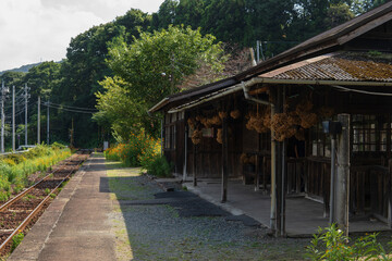 ドライフラワーが下がる上神梅駅の駅舎とホーム【わたらせ渓谷鐡道】日本群馬県・8月