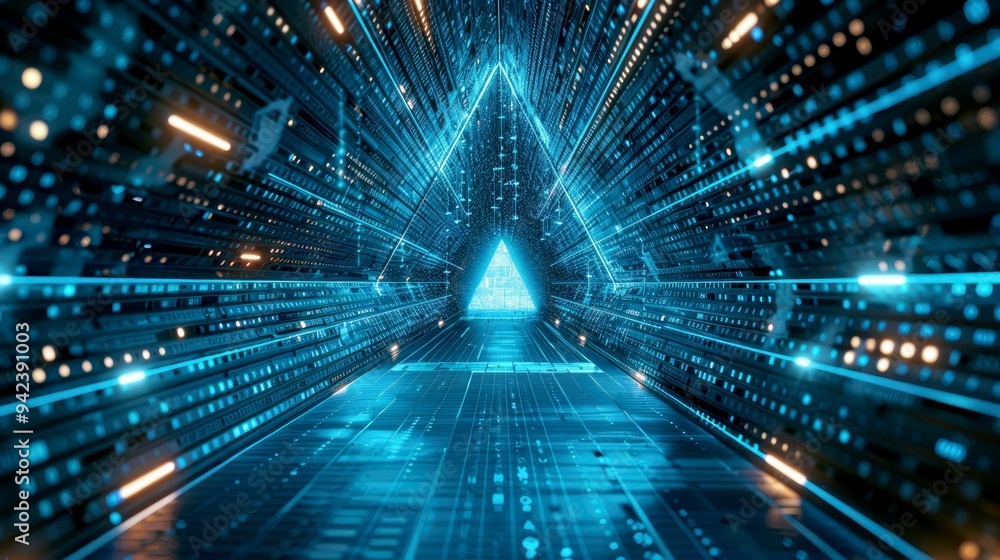 Aufkleber glowing blue triangular pathway through digital data walls