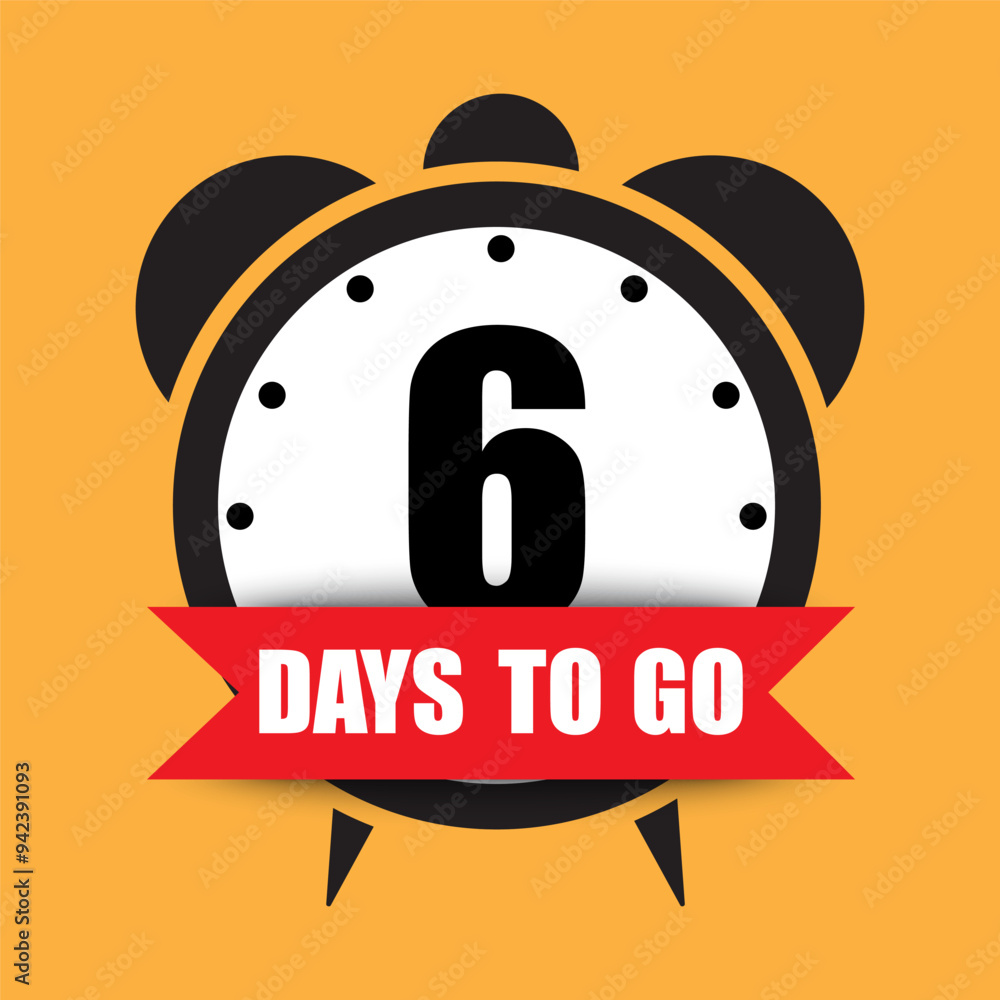 Aufkleber countdown timer icon. bold number six. 6 days to go text. bright yellow background.