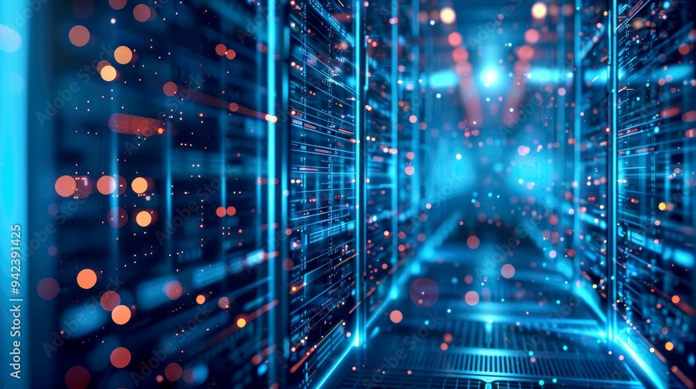 Poster server racks in a data center with glowing lights