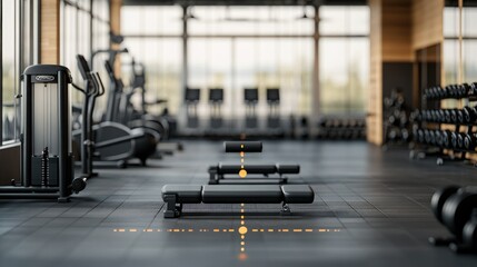 A modern gym interior featuring dumbbells and exercise equipment in a bright and spacious environment for fitness enthusiasts.