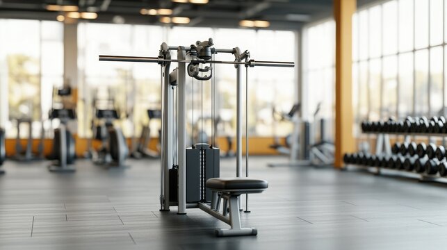 A modern gym interior featuring a weight machine and dumbbells, perfect for fitness enthusiasts and workout inspiration.