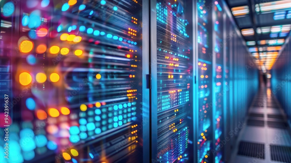 Aufkleber server racks in a modern data center with bright colorful lights