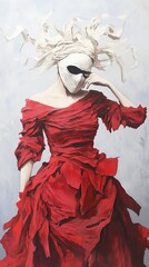 Fototapeta premium Woman in red dress with white mask and flowing hair.