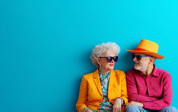 Smiling senior couple in colorful clothing and sunglasses against blue background.