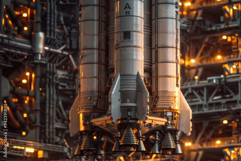 Poster close-up shot of a space shuttle inside a building