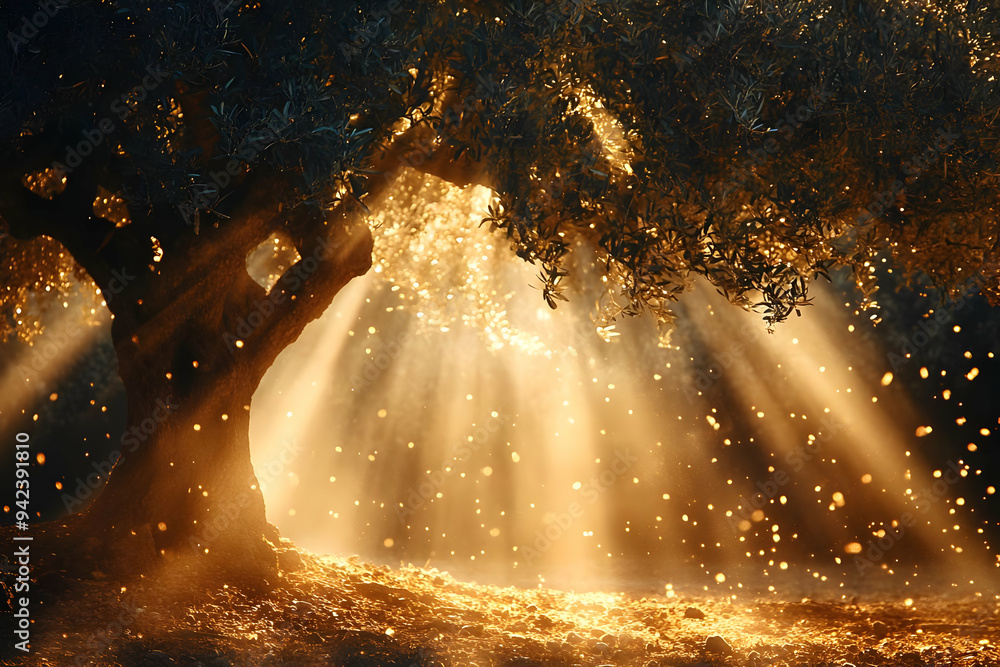 Poster golden sunlight filters through a majestic tree, illuminating a serene and magical forest scene fill