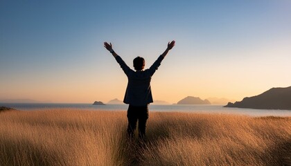 양손을 번쩍 들고 기뻐하는 사람