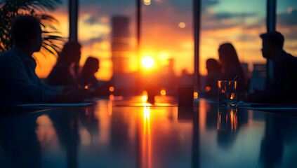 Fototapeta premium Silhouetted figures in a meeting room with a stunning sunset view, creating a dramatic and inspiring atmosphere.