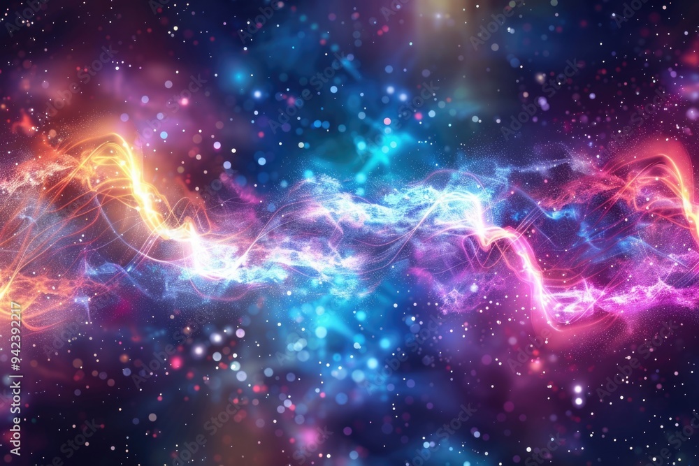 Poster a picture of a galaxy with bright lights in the background