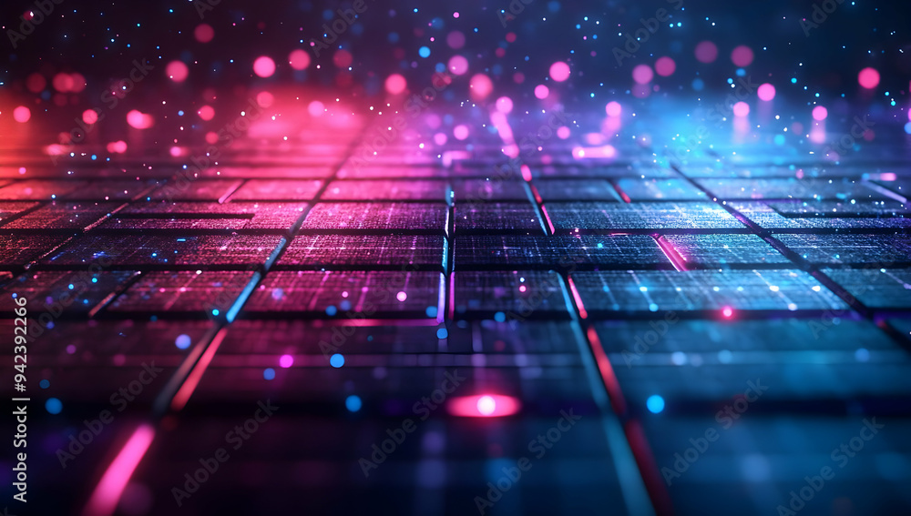 Poster vibrant abstract digital background with colorful lights and grids, perfect for technology and innov