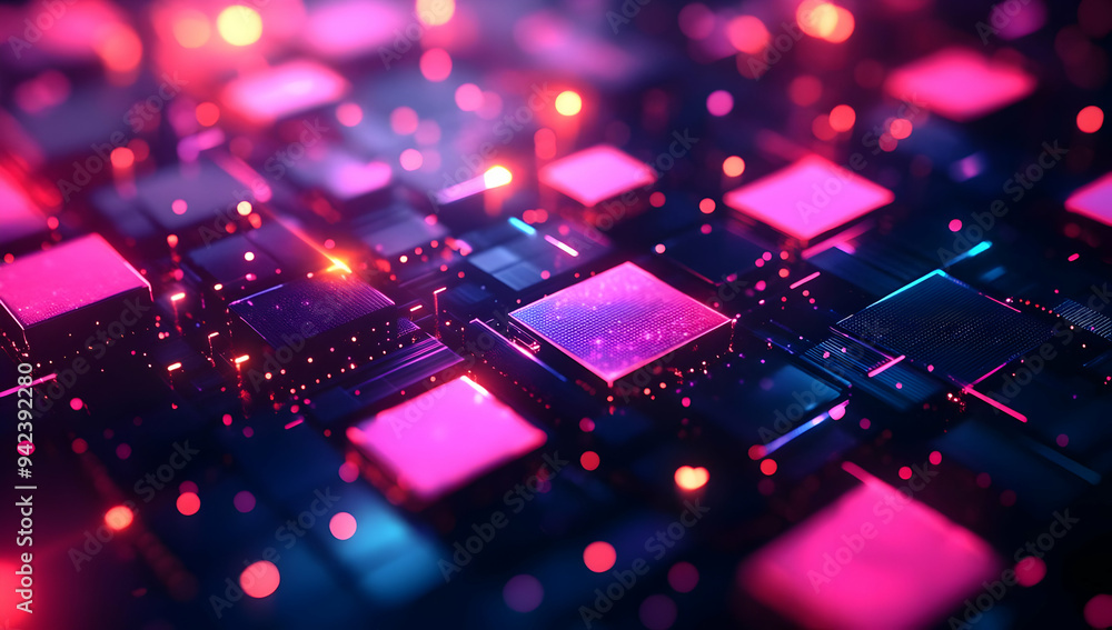 Poster vibrant digital abstract art with glowing cubes and colorful lights creating a futuristic atmosphere