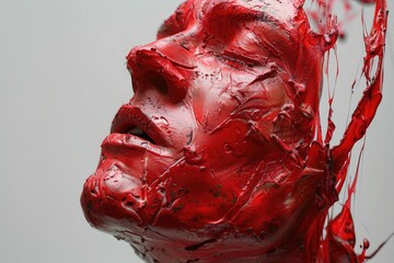 Close-up of a red sculpture of a woman's face, great for beauty or art-related themes